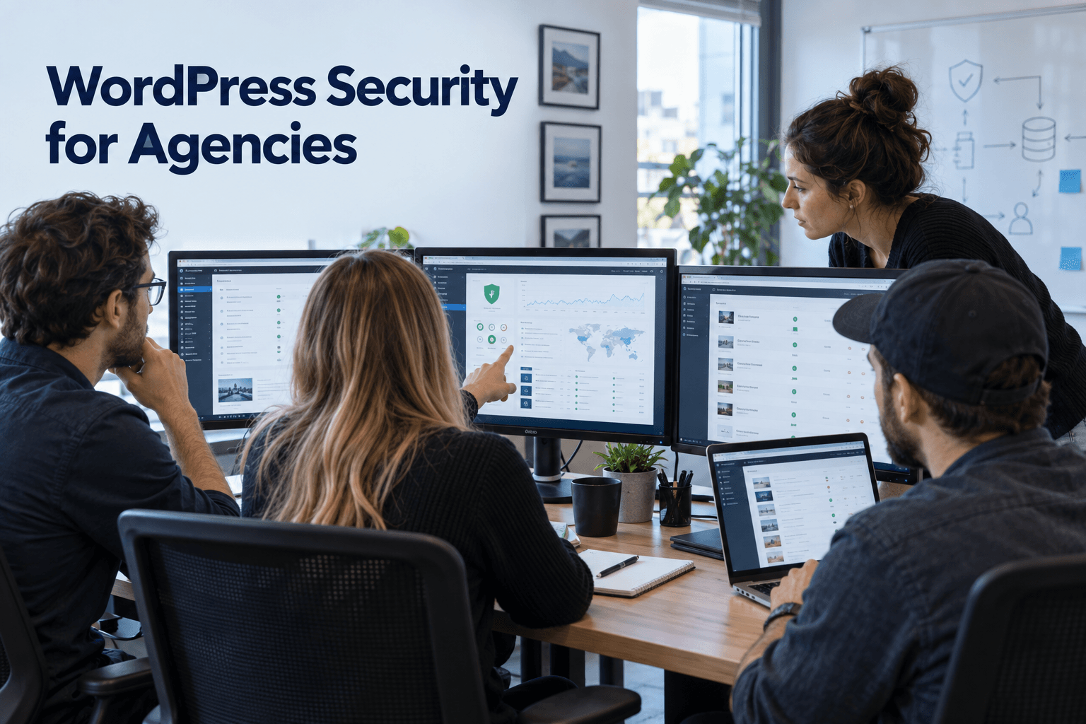 Digital agency team reviewing security dashboards for multiple WordPress client websites
