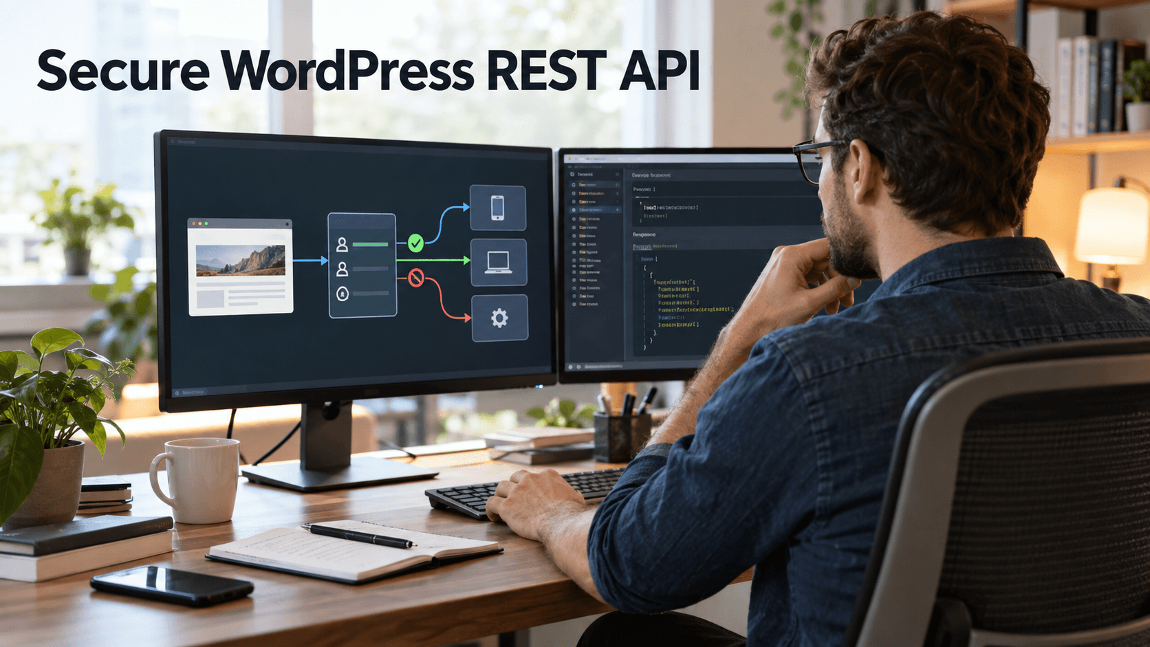 Developer reviewing API permissions under the title Secure WordPress REST API