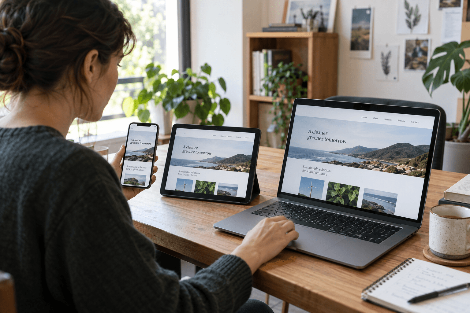 Designer comparing a website on mobile and desktop devices.