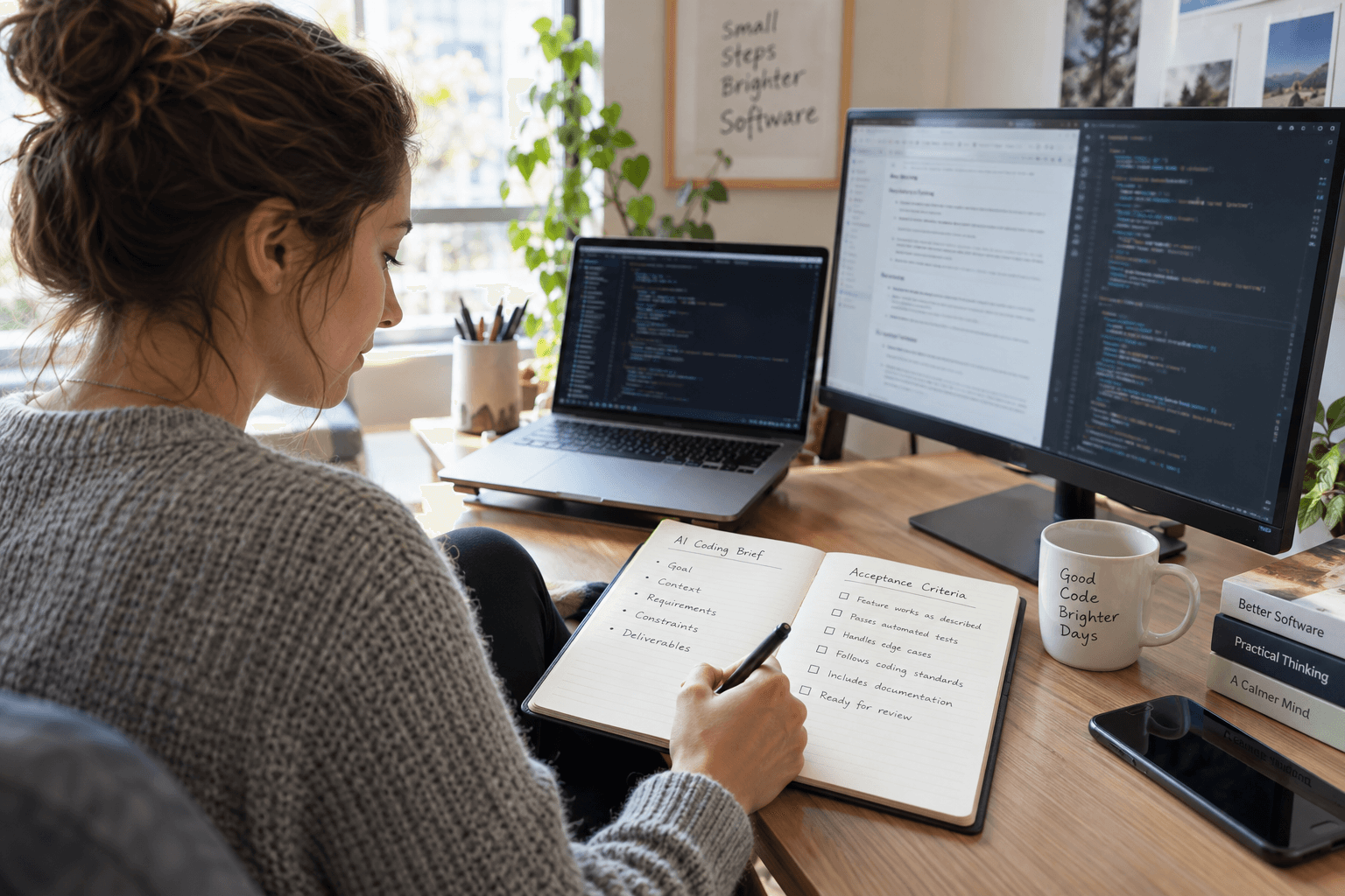 Developer preparing acceptance criteria beside a code editor.