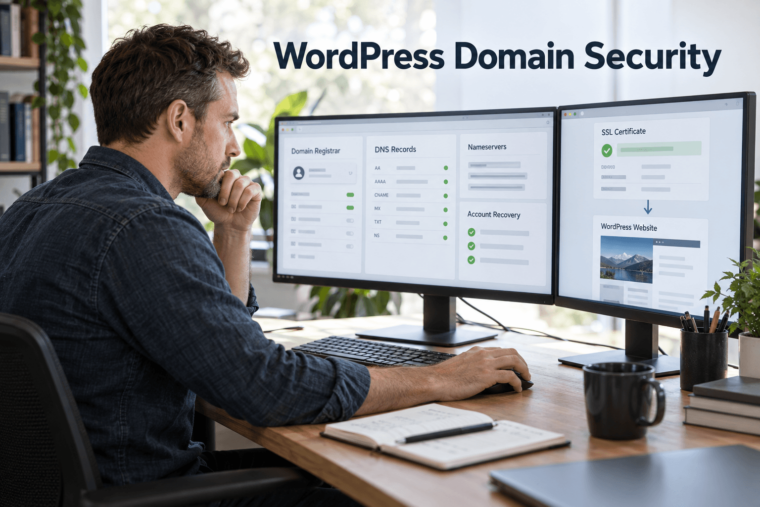 Website administrator reviewing registrar, DNS and SSL controls under the title WordPress Domain Security