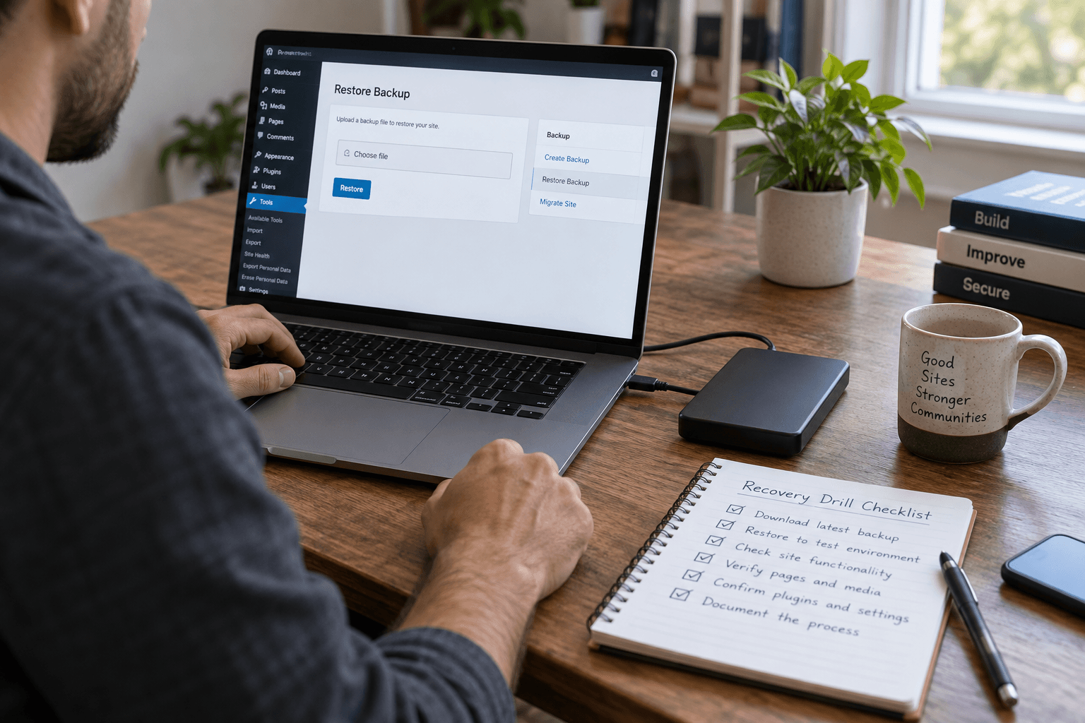Website maintainer reviewing a recovery checklist beside a backup drive.
