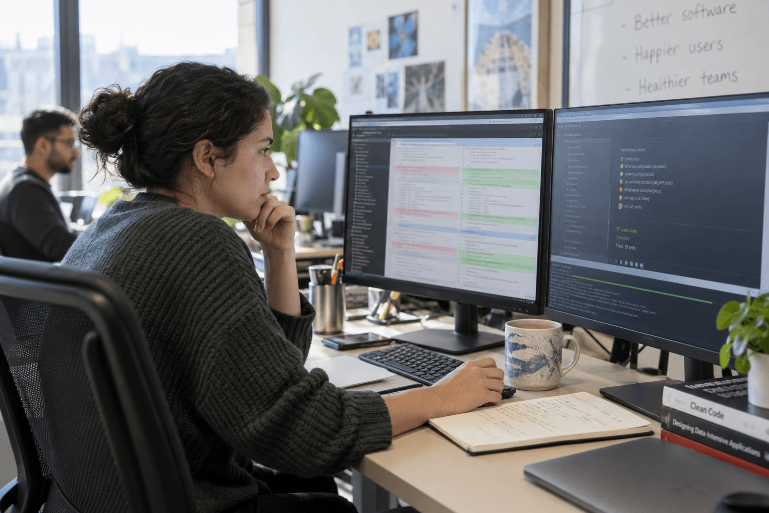 Developer reviewing a code change and test results on two screens.
