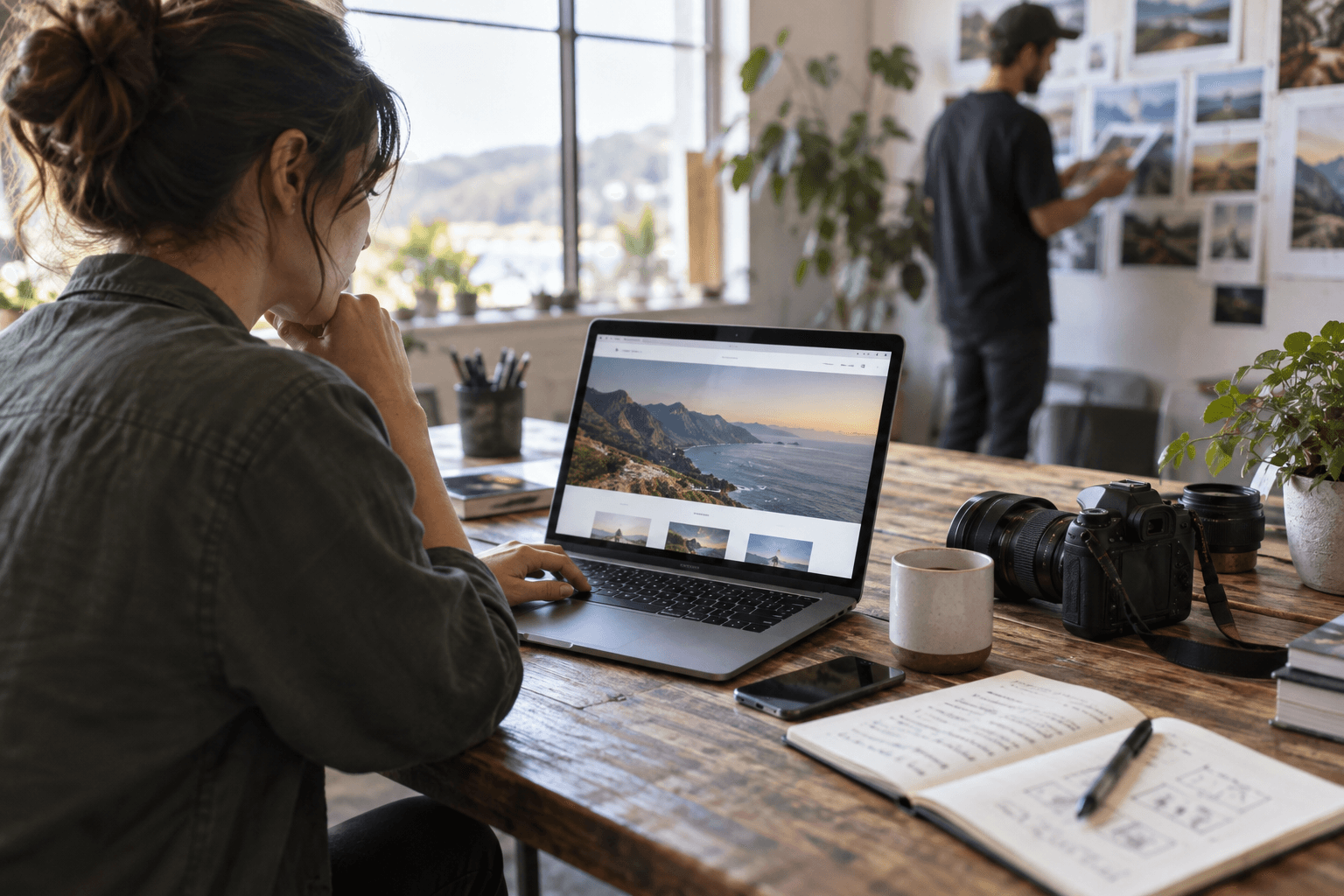 Designer reviewing a website hero image beside a camera.