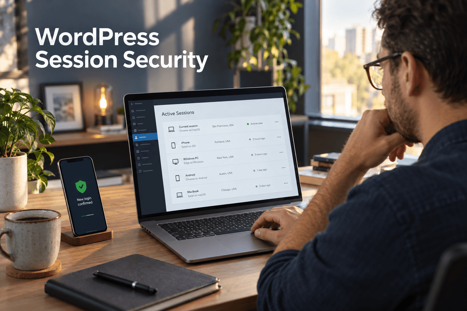 Website administrator reviewing active WordPress sessions and confirming a secure login on a phone