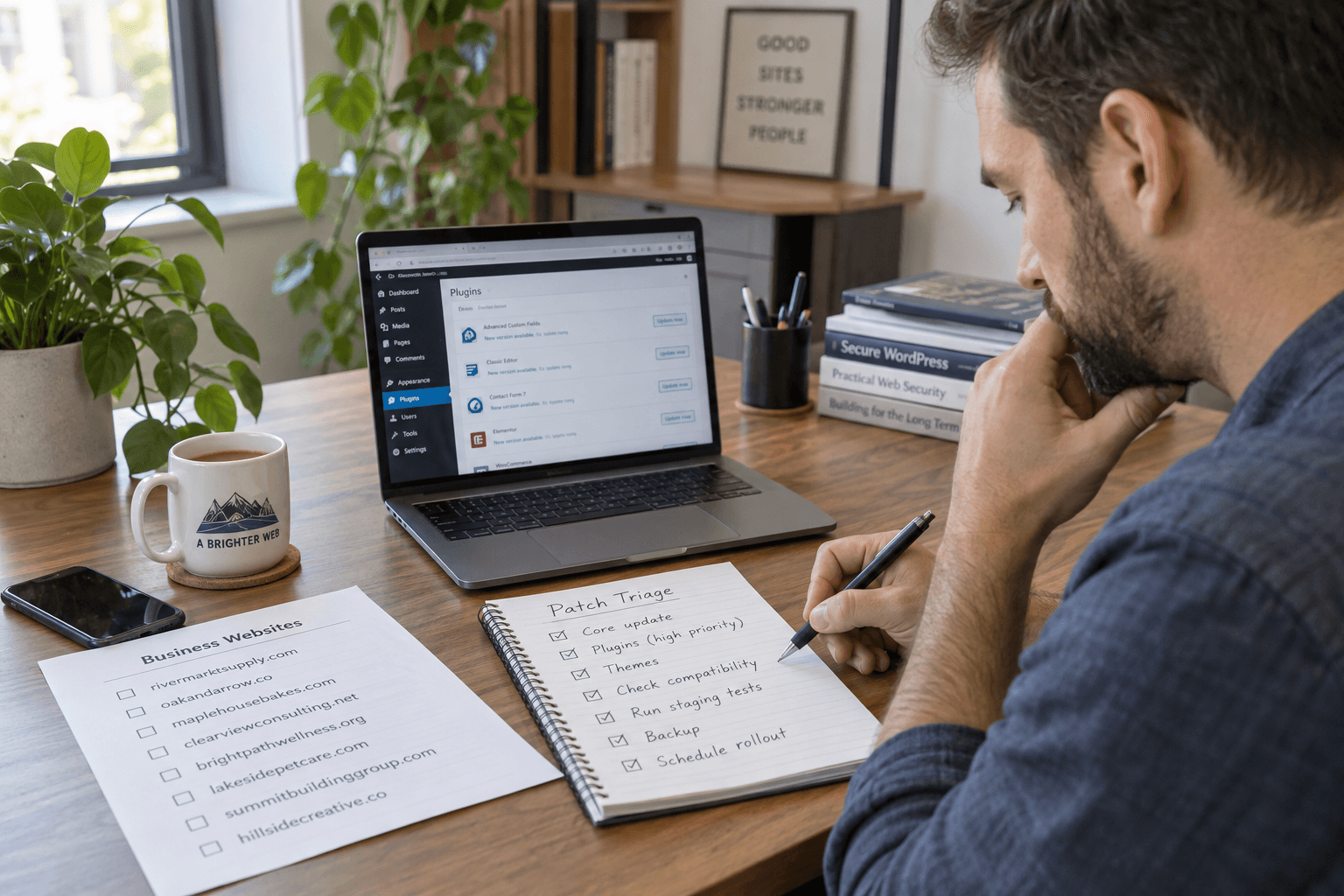 Person reviewing a website security checklist beside a laptop.