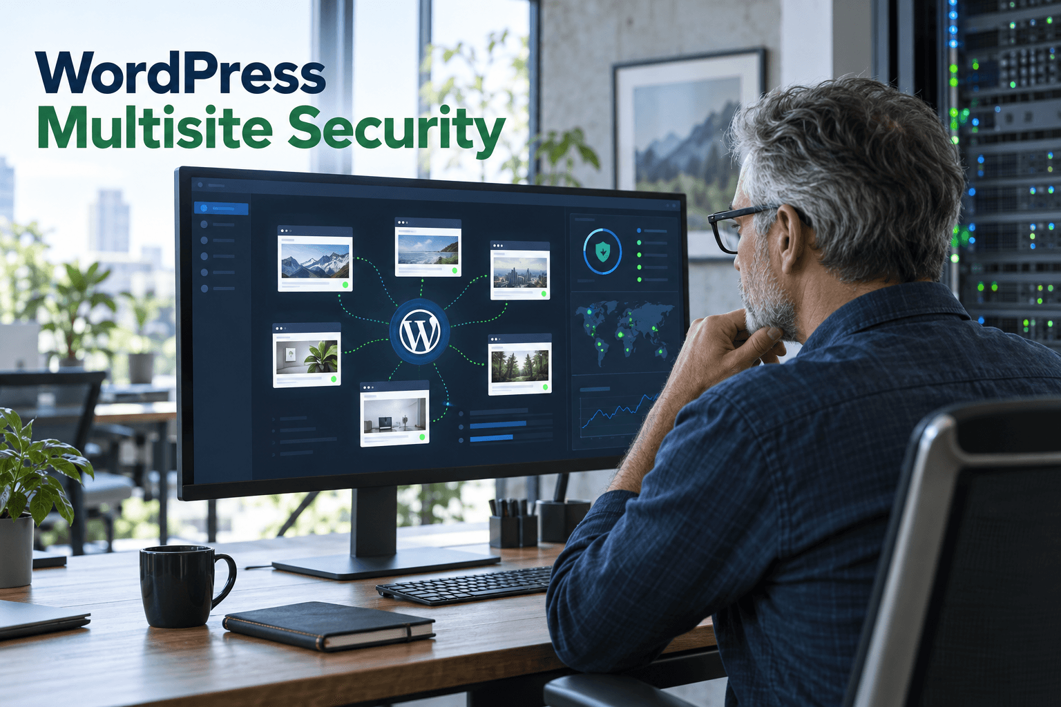 Senior developer reviewing a secure network of connected WordPress Multisite websites