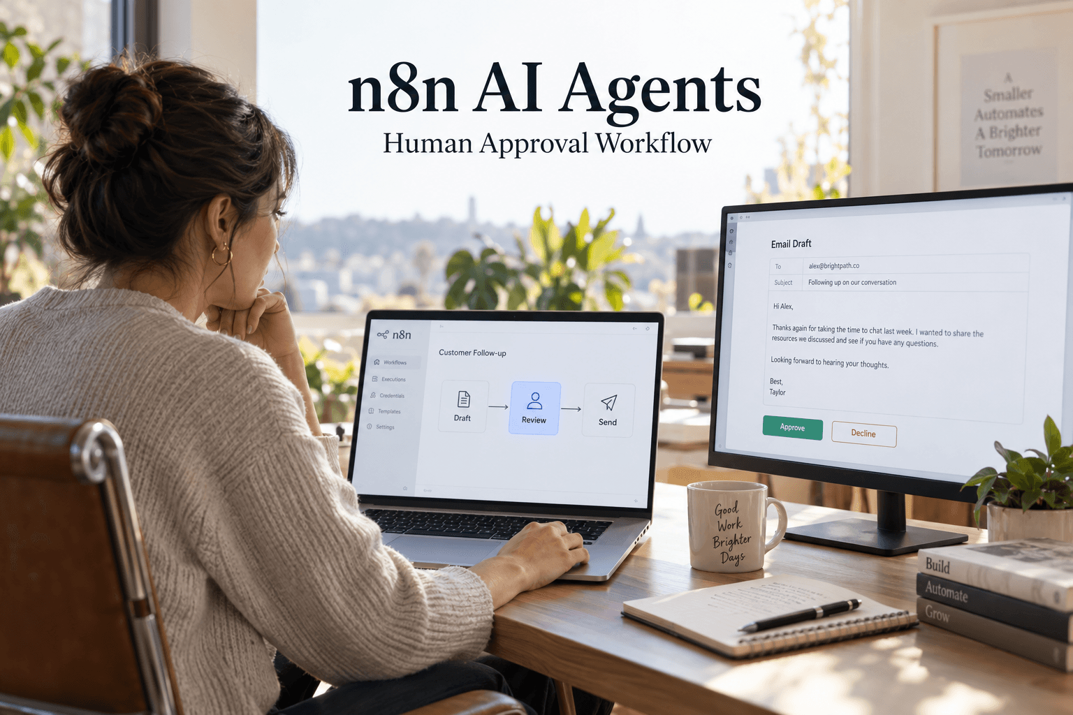 Operations specialist reviewing an email beside an n8n-style Draft, Review and Send workflow with approval buttons.