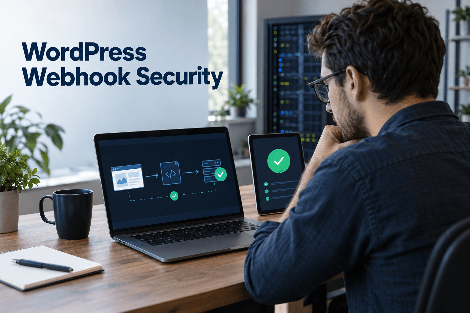 Web developer reviewing signed WordPress webhook deliveries and a verified receiving endpoint