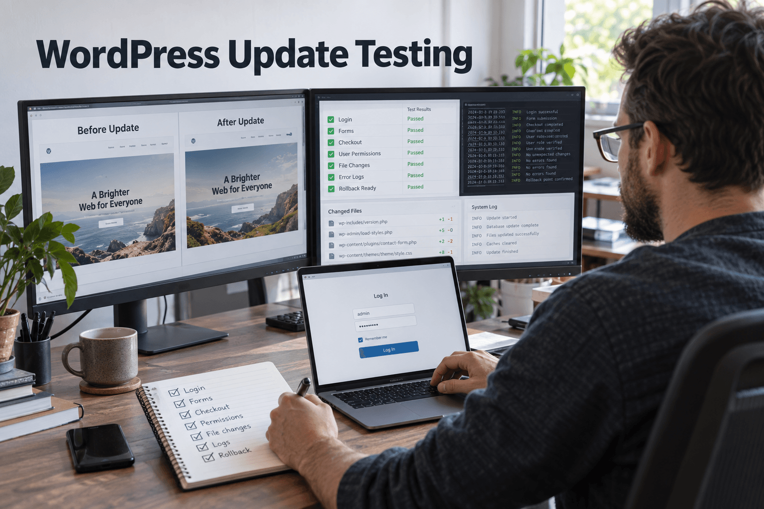 Developer validating site changes under the title WordPress Update Testing