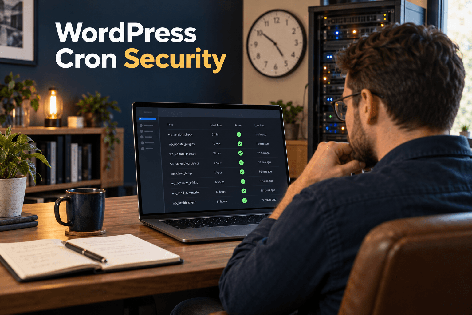 Website engineer reviewing secure WordPress scheduled tasks beside a clock and server rack