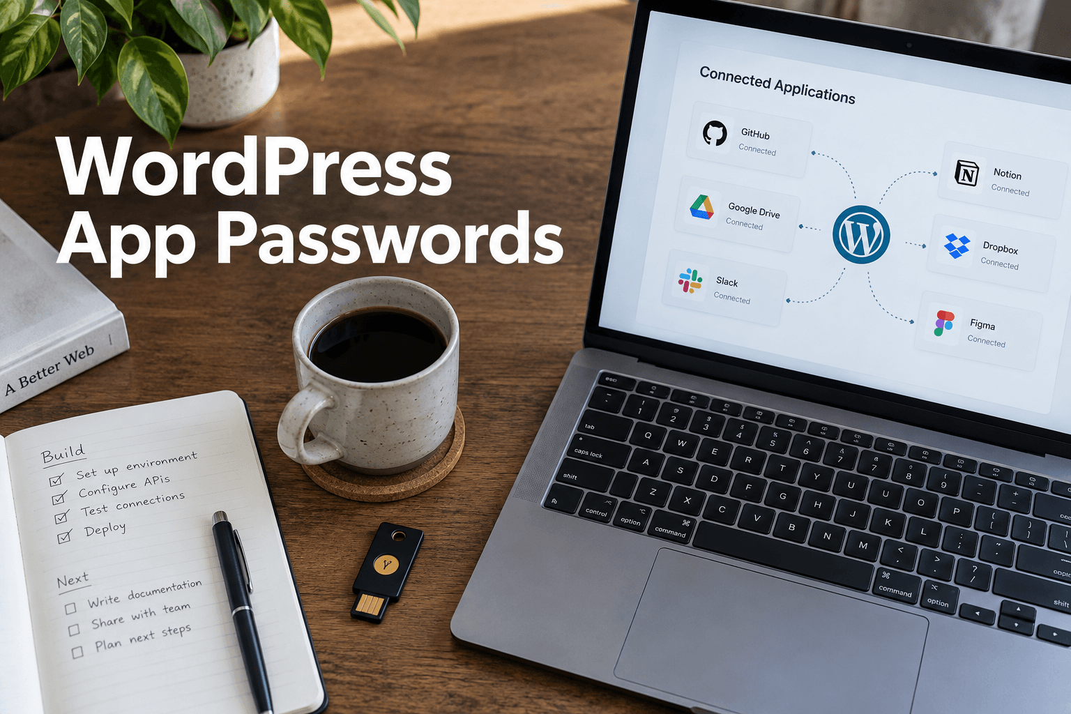 Laptop showing connected website apps beside a security key, with the title WordPress App Passwords