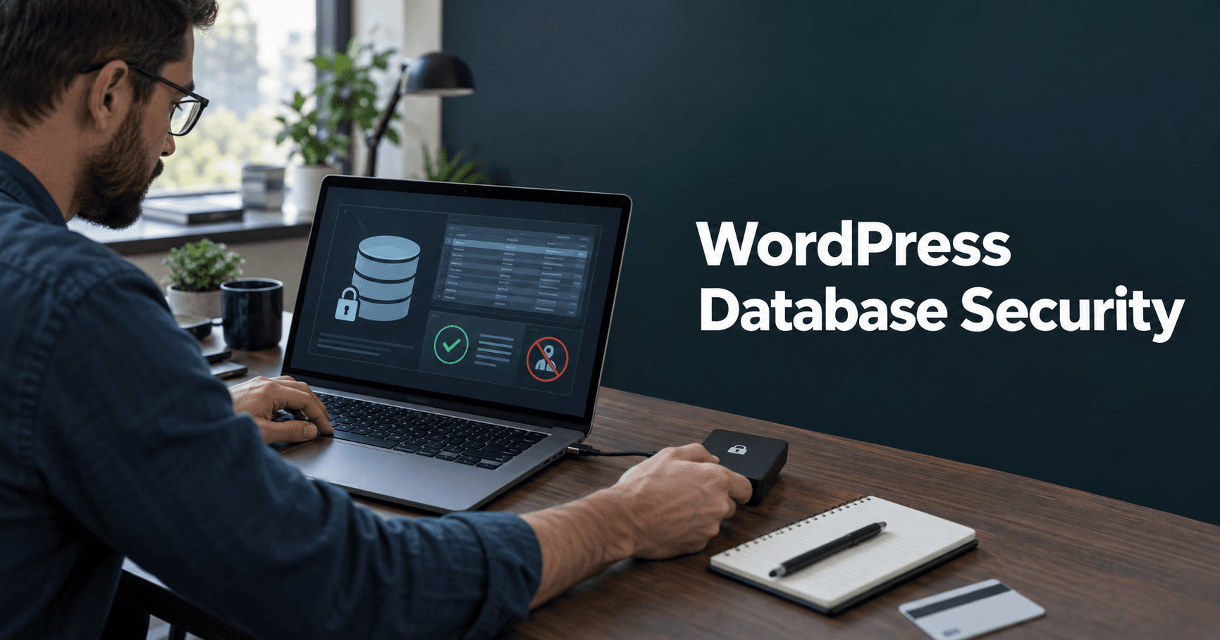 Database administrator protecting website data under the title WordPress Database Security