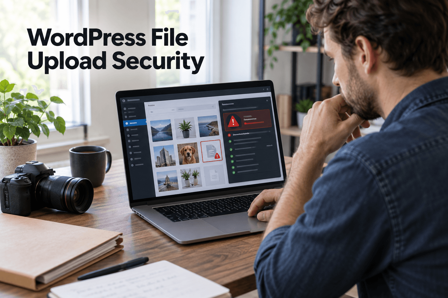 Web developer reviewing WordPress media uploads while a security scanner flags a suspicious file
