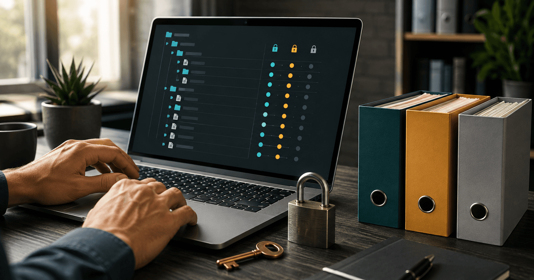 IT professional connecting an encrypted backup drive while a WordPress website restore workflow appears on a laptop