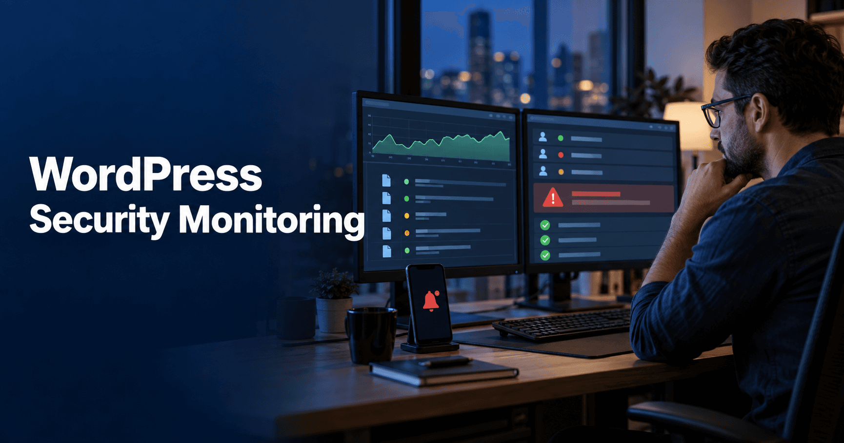 Security analyst reviewing website events and alerts under the title WordPress Security Monitoring