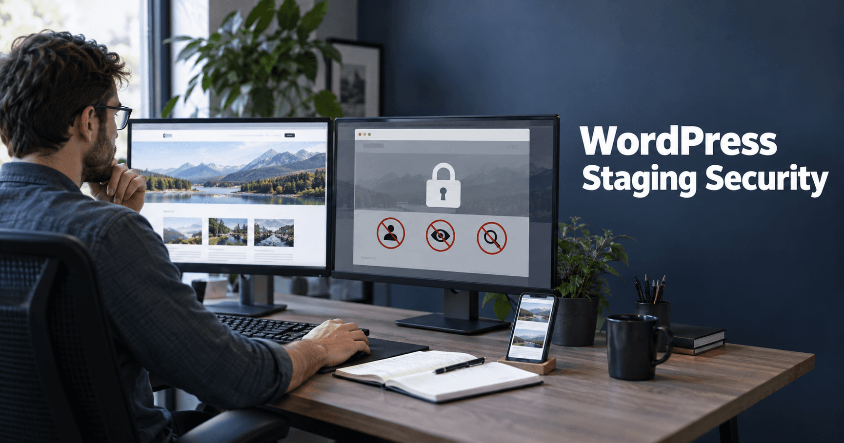 Developer comparing protected staging and production sites under the title WordPress Staging Security