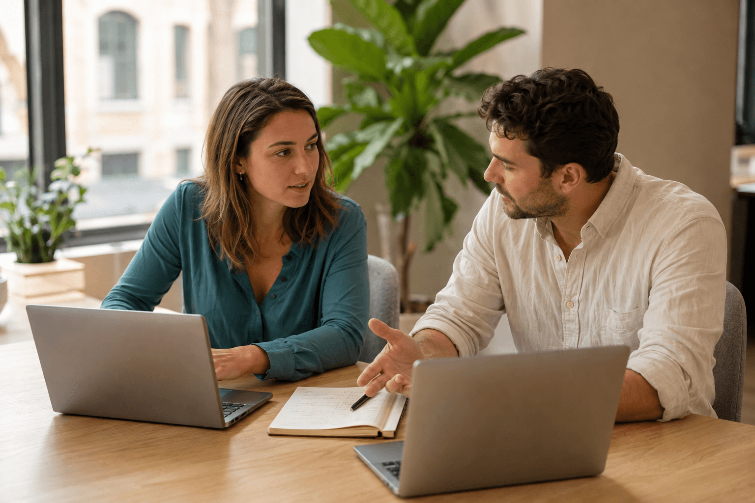 Two colleagues discussing work across two laptops and an open notebook in a bright office.