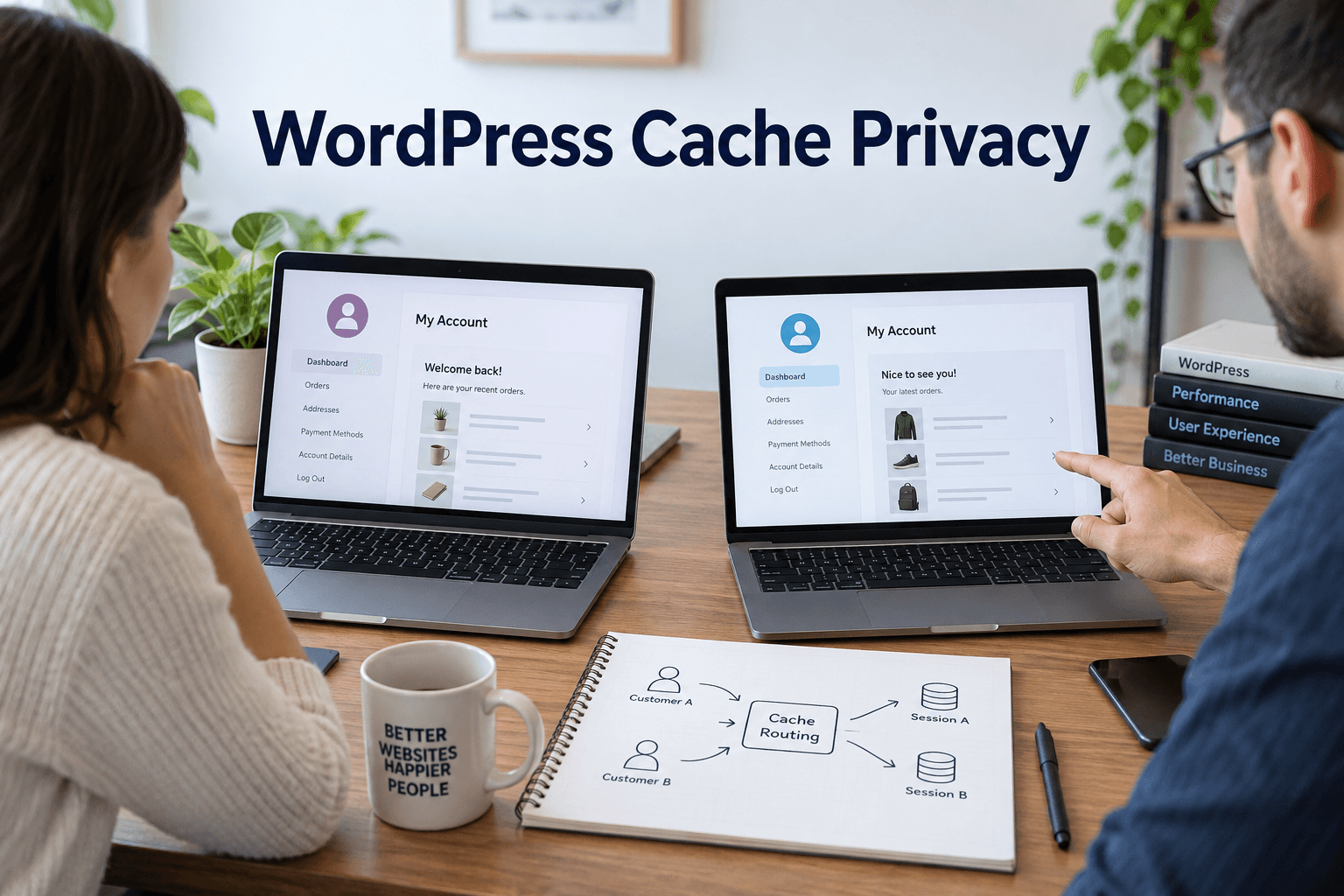 Two people compare separate customer accounts on laptops beneath the title WordPress Cache Privacy