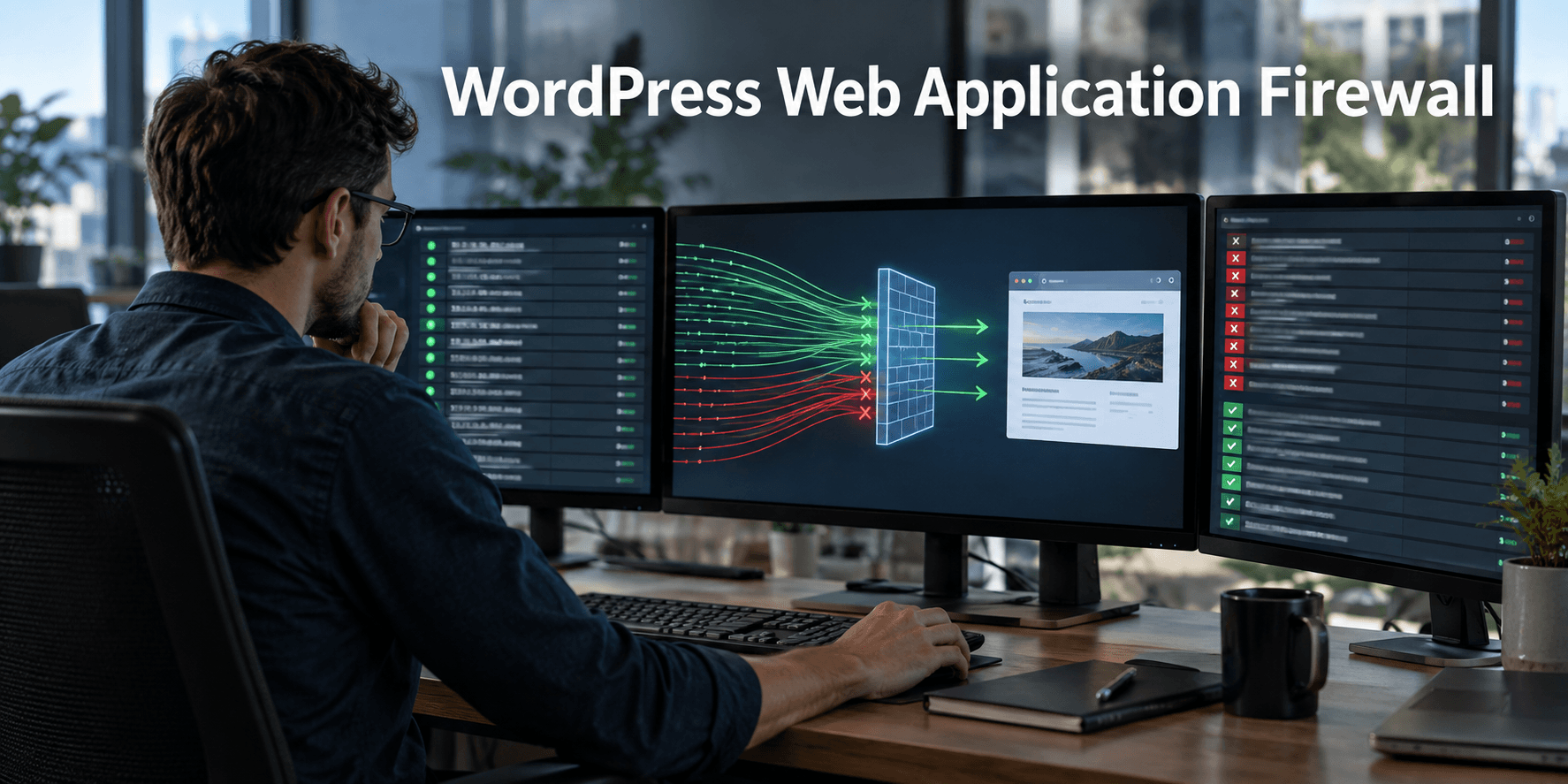 Security engineer filtering malicious traffic under the title WordPress Web Application Firewall