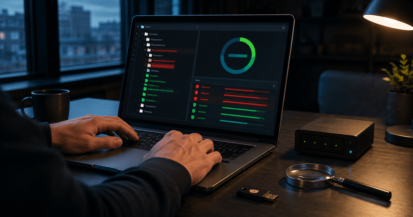 Administrator configuring secure website file permissions on a laptop with a padlock, key, and color-coded folders