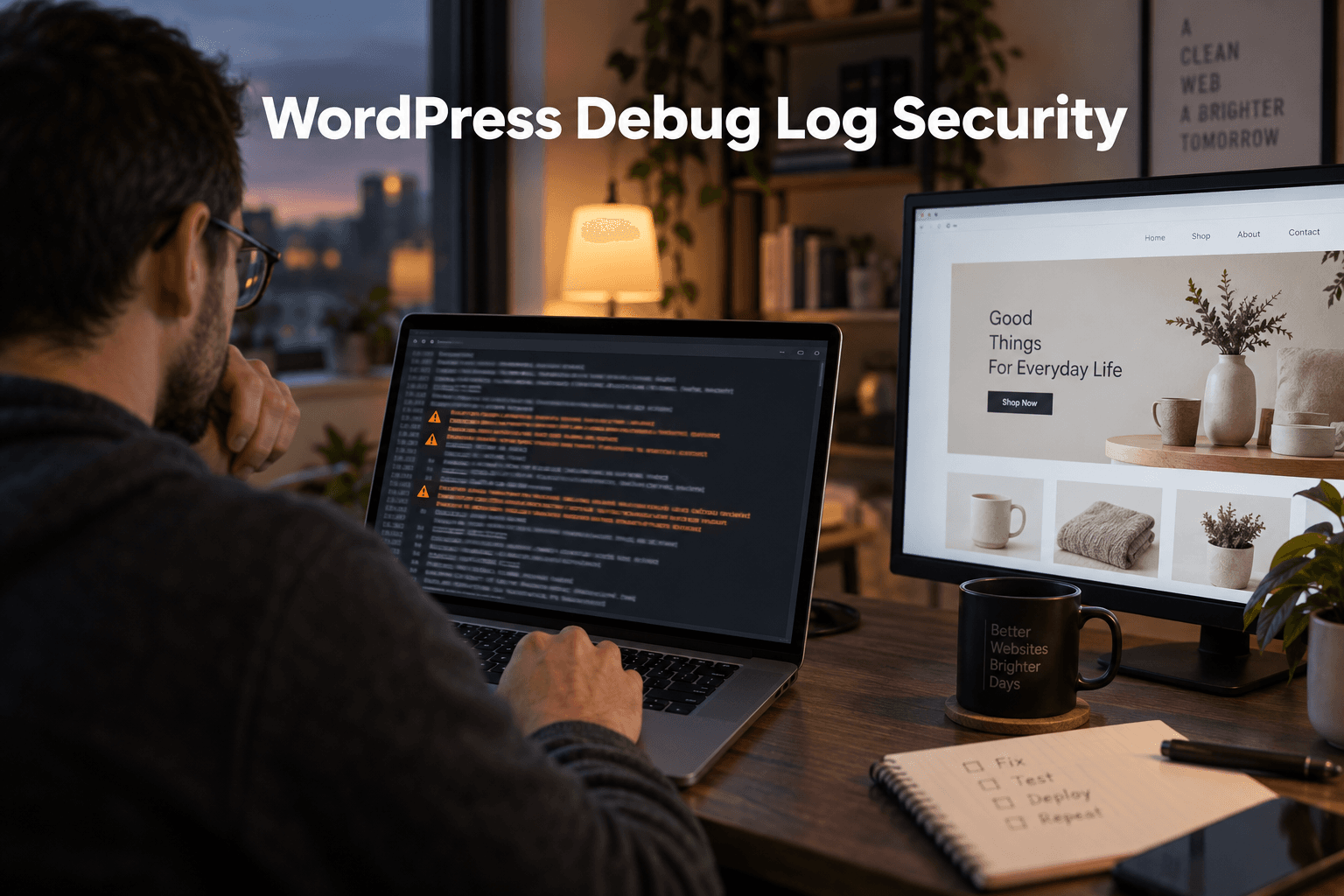 Developer checks warning lines on a laptop beside a working storefront with the title WordPress Debug Log Security