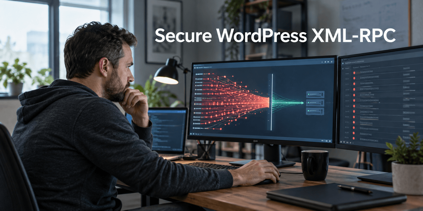 Website administrator filtering abusive XML-RPC traffic under the title Secure WordPress XML-RPC
