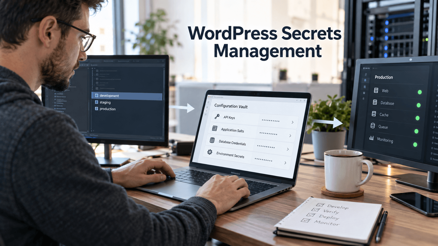 Developer protecting deployment credentials under the title WordPress Secrets Management