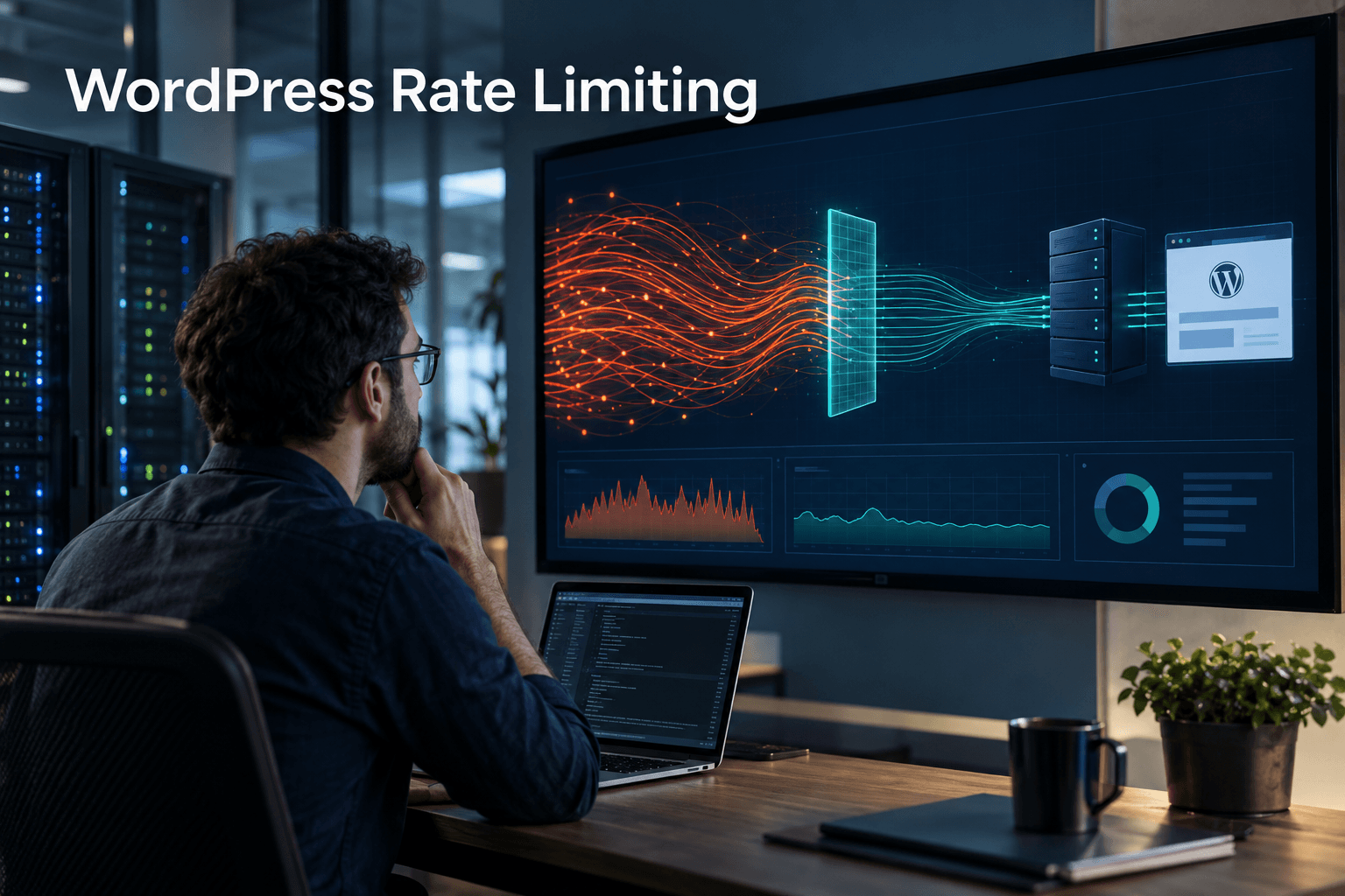 Cybersecurity engineer reviewing a dashboard that rate-limits abusive traffic before it reaches a WordPress website
