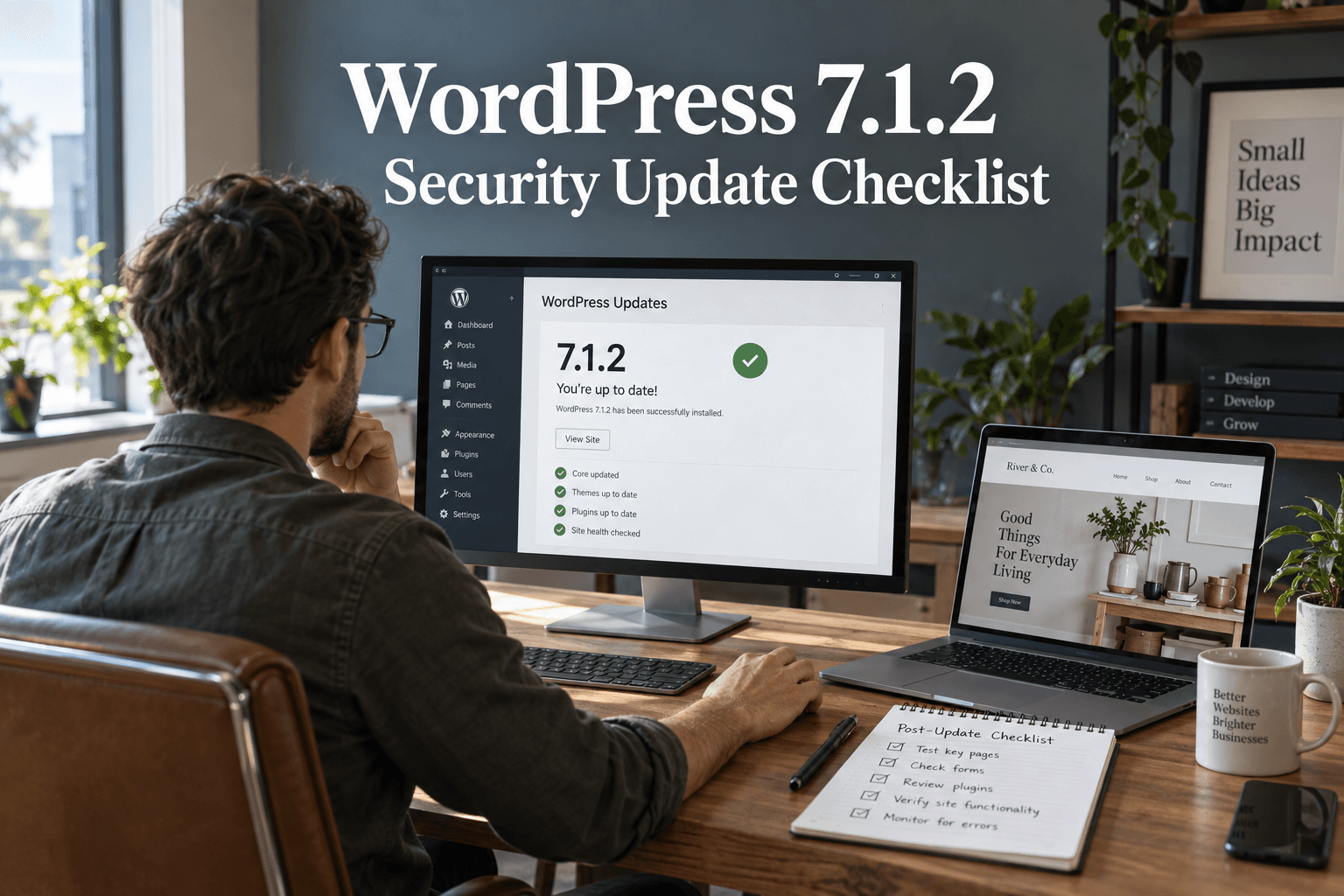 Developer reviewing a WordPress 7.1.2 update dashboard beside a storefront and a post-update checklist.