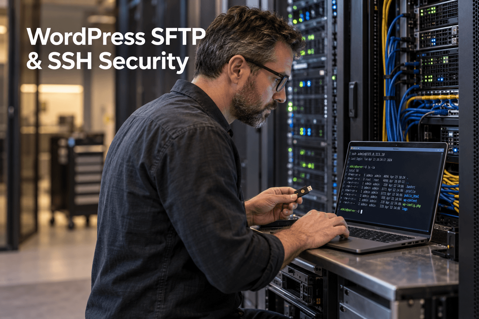 Website administrator using a hardware security key and laptop for secure WordPress SFTP and SSH server access