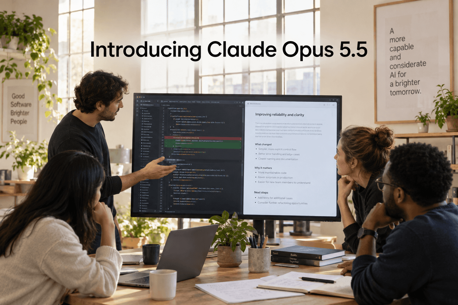 Team reviews code and a document on a studio display beneath the title Introducing Claude Opus 5.5