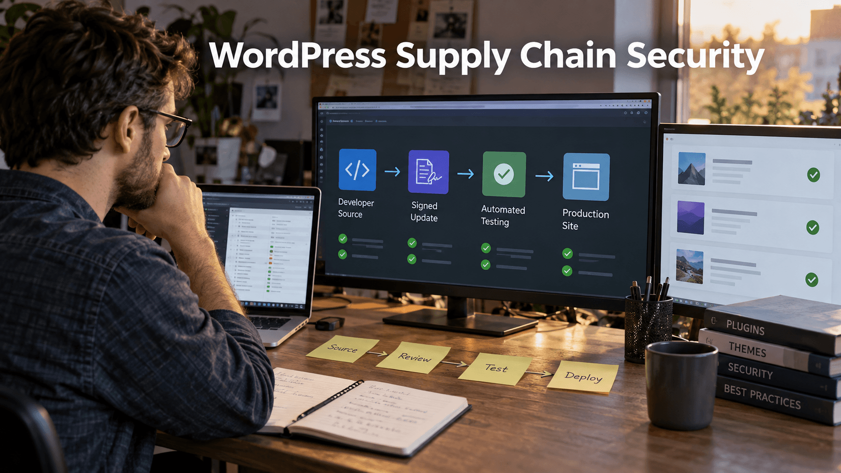 Developer reviewing trusted software delivery under the title WordPress Supply Chain Security