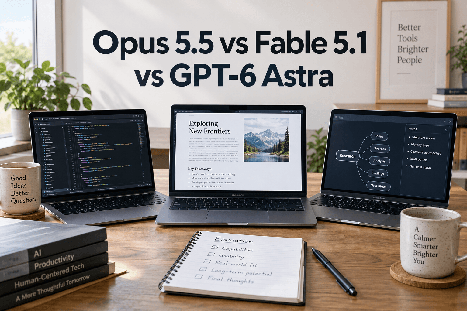 Three laptops show code, writing and research beneath the title Opus 5.5 vs Fable 5.1 vs GPT-6 Astra
