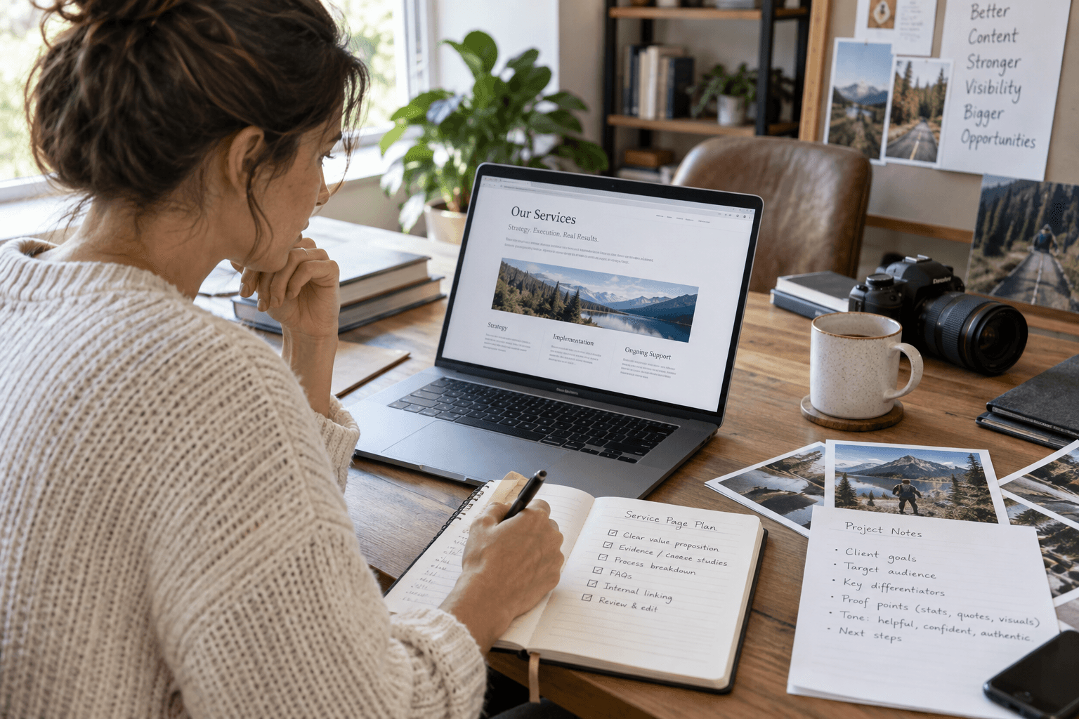 Content strategist reviewing a service page and project notes.