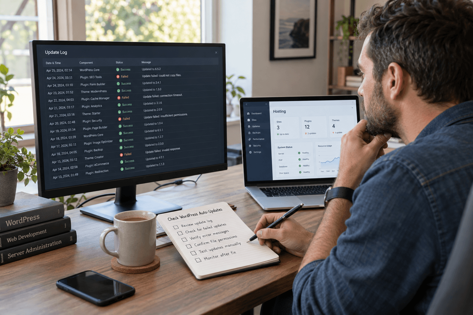 Developer reviewing an update log and a maintenance checklist.