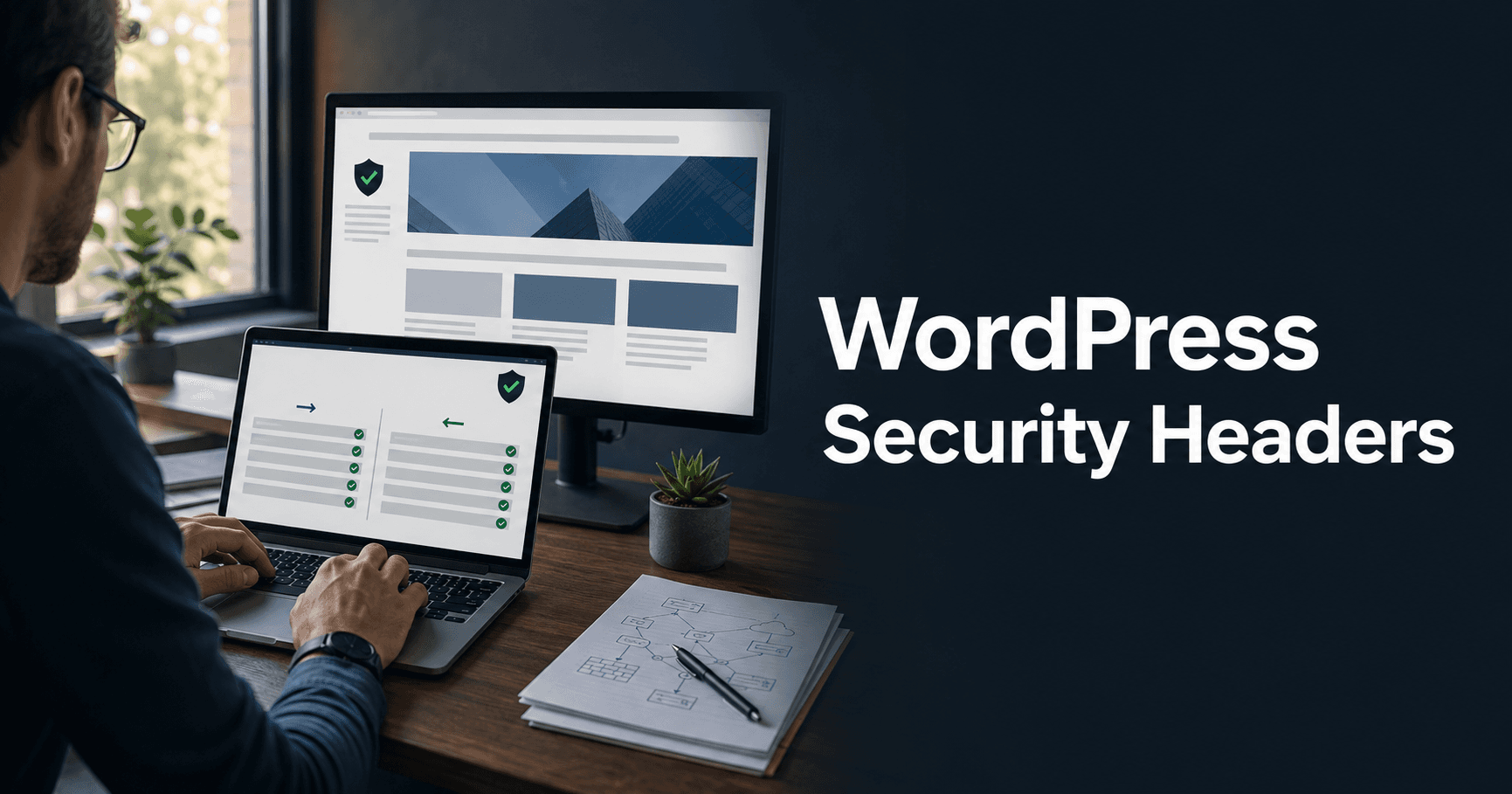 Cybersecurity engineer reviewing browser response protections under the title WordPress Security Headers